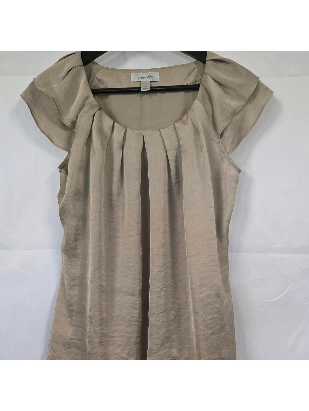 Dressbarn Tan Linen Blouse with Pleated Front and Ruffle Cap Sleeves